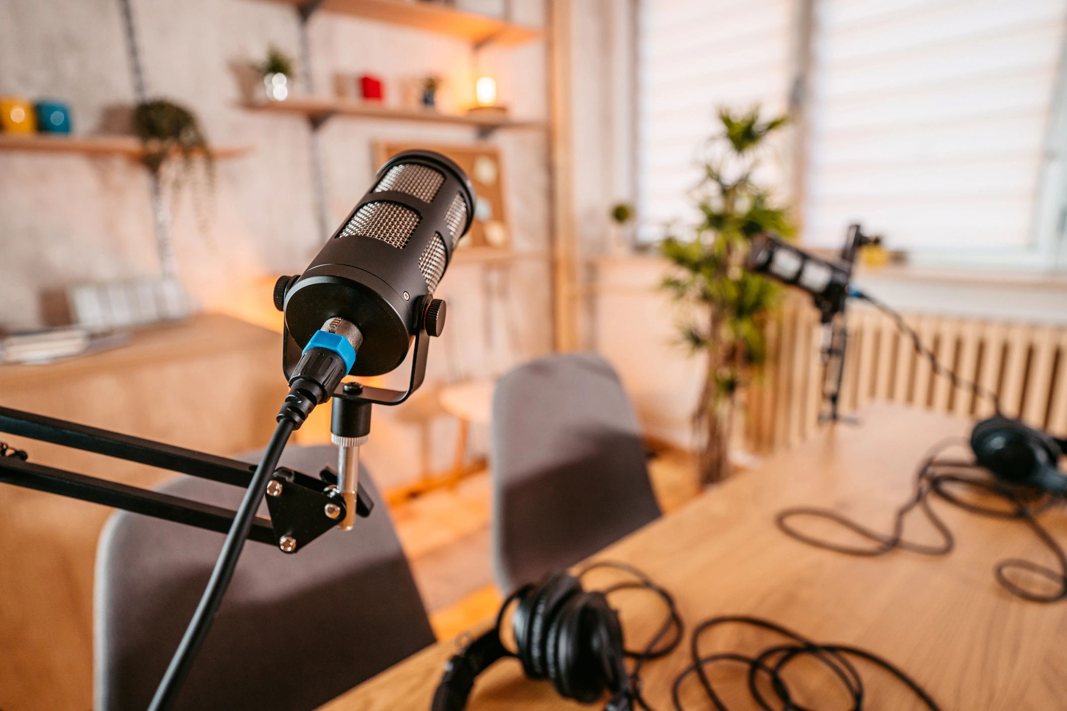 Studio microphones set up for podcast recording