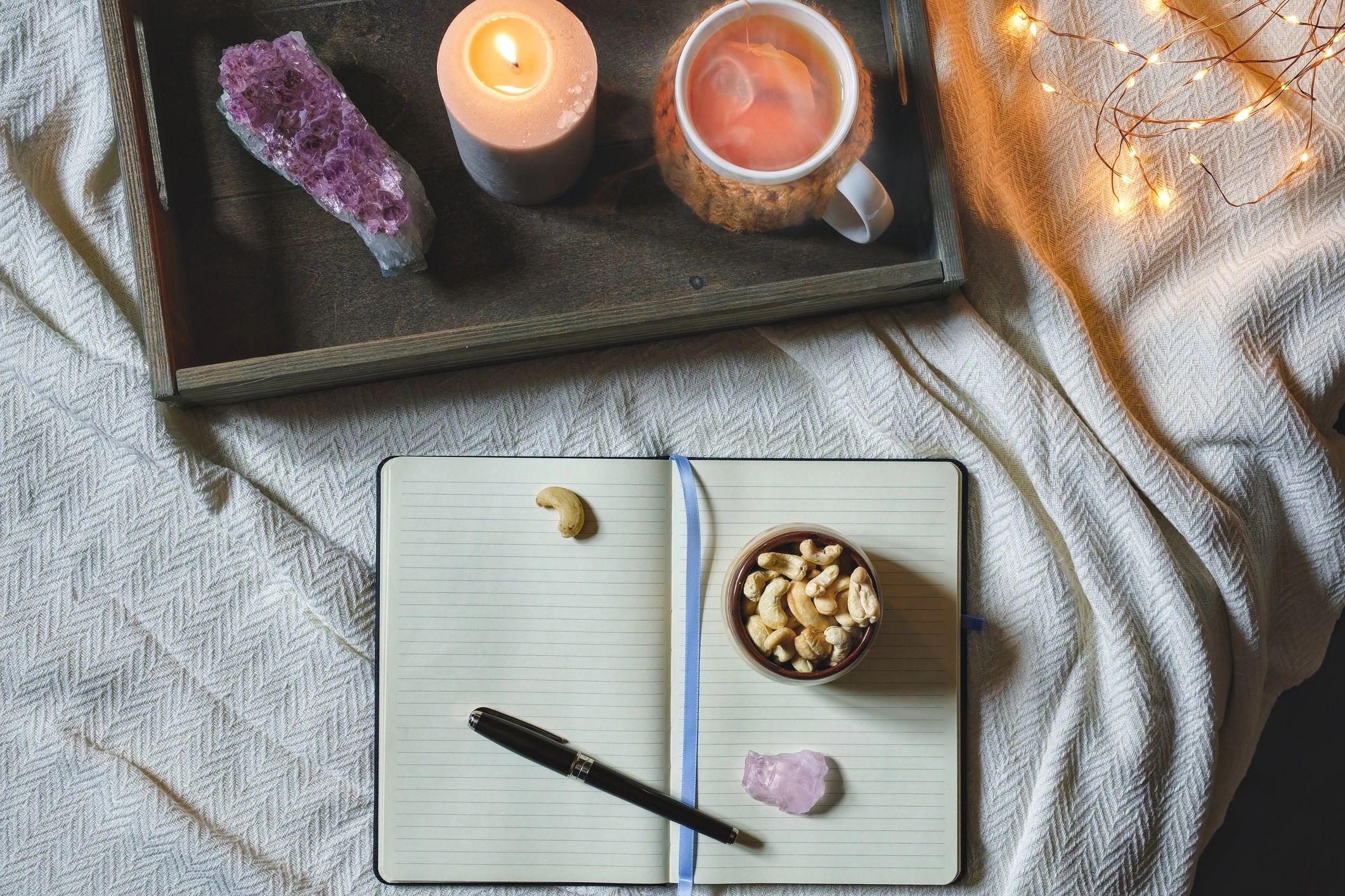 Journal and tea cozy flat lay